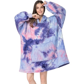 Michorinee Übergroße Hoodie Decke Sherpa Pullover Decke mit Kapuze Warme Fleece Tragbare Decke Blanket Hoodie Kuscheldecke mit Ärmeln als Geschenke für Frauen Herren | Tie Dye Lila