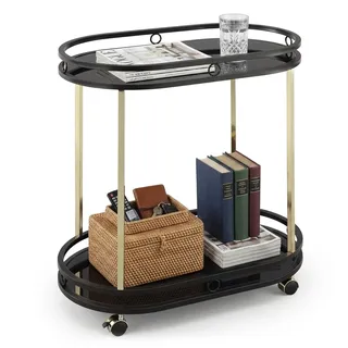 Relaxdays Servierwagen, 2 Etagen, Glas & Metall, schwarz/gold