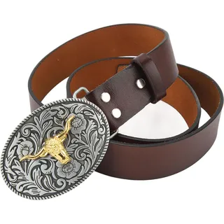 Western Cowboygürtel für Männer Leder Verstellbarer Retro Vintage Bull Muster Casual Schnalle Alltag Braun 115 cm/45.3in