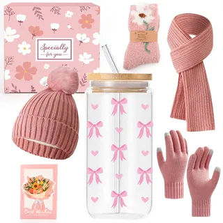 Geschenke für Mädchen Teenager 8 9 10 11 12 13 14 15 16 Jahre, Weihnachten Geburtstag Geschenk Mädchen Glasbecher, Trinkglas mit Strohhalm und Deckel, Winter Stricken Mütze Schal Handschuhe Socken