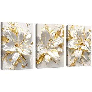 3Pcs Weißes Lilien Blumen Leinwandbilder Bilder Set mit Rahmen, Moderne 3d Gold Blätter Blumen Wandbilder Schlafzimmer Bild Auf Leinwand Kunstdruck Deko für Wohnzimmer fertig zum Aufhängen 30x40cmx3