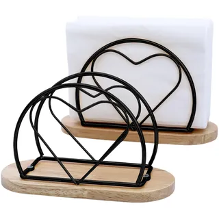 Piuluvor® 2 Stück Serviettenhalter Schwarz, Serviettenständer aus Metall und Holz, Herzförmiger Napkin Holder für Haus Küche Restaurant Cafés