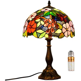 Kinbolas Tischlampe im Tiffany Stil,Vintage Nachttischlampe Schlafzimmer,Retro Deko Lampe,Jugendstil Tischleuchte,Traube Blume Bunt Glas lampenschirm 30cm mit Kabel und E27 LED Glühbirne(D-4)