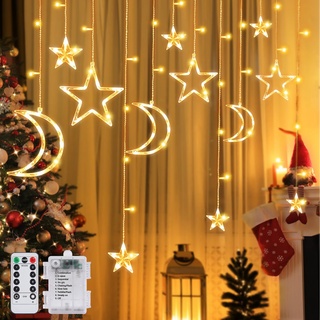 Herefun Stern Mond LED Lichterketten, 3.5m Weihnachtsbeleuchtung Innen, Stern Mond Lichtervorhang Lichterkette LED Fenstervorhang Lichter Sternenvorhang Dekorative Lampe für Party, Weihnachtstag