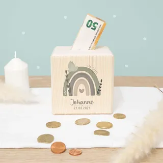 Spardose Taufe - Personalisierte Holzspardose - Geschenk zur Taufe, Taufgeschenk für Mädchen & Jungen - Sparschwein - hellomini (Regenbogen & Taube)