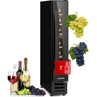 Klarstein Weinkühlschrank, 1 Zonen Getränkekühlschrank, Kleiner Einbau-Weinschrank Schmal, 20L Wein-Kühlschrank mit Glastür, Indoor/Outdoor Flaschenkühlschrank, Wine Fridge 5-22°C, 7 Flaschen - Schwarz