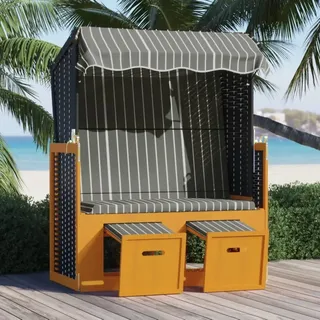 vidaXL Strandkorb mit Dach Poly Rattan und Massivholz Schwarz Grau
