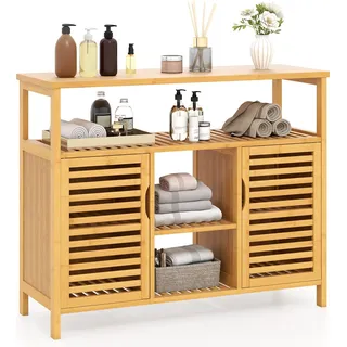 COSTWAY Badezimmerschrank aus Bambus, Badregal mit 2 Lamellentüren & offenen Regalen, freistehender Aufbewahrungsschrank, Badschrank, 100x35x80cm - Naturbelassen