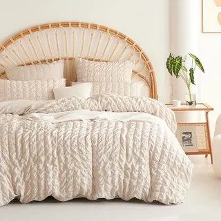 Seersucker Bettwäsche 135x200 Beige Kariert Bettbezug mit Kissenbezug 80x80 | Sommerbettwäsche Set, Modern, Kühlende, Strukturiert, Sommer, Atmungsaktiv, Leicht, Microfaser, Reißverschluss, Einzelbett