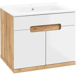 Hängender Badezimmerschrank mit Waschbecken, Craft-Eiche, 50 cm, Ronda Neu - Weiß