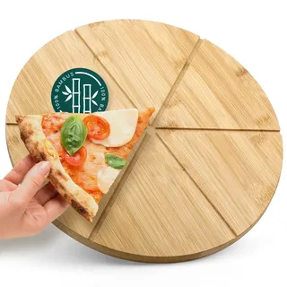 smartday Pizzabrett aus Bambus mit Schnittmarkierungen – Pizzateller groß & massiv I Rundes Pizzaschneidebrett Ø 33 cm I Schneidebrett Holz, Servierbrett für Pizza, Käse & Snack