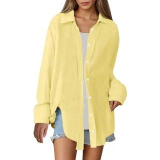 Musselin Bluse Damen Langarm Elegant Leicht Oversize Tuniken Einfarbig Lässiges Hemd Oberteile, S-XXL