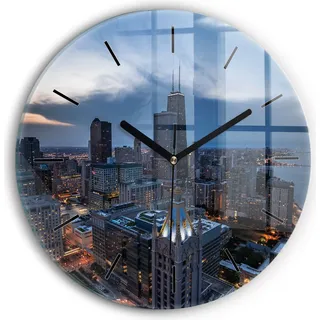 Wallfluent Wanduhr – Stilles Quarzuhrwerk - Uhr Dekoration Wohnzimmer Schlafzimmer Küche - Zifferblatt mit Striche - schwarze Zeiger - 30 cm - Foto von Chicago - Blau