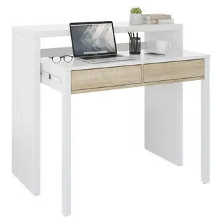 Konsolentisch Damodi, Schreibtisch mit ausziehbarer Platte, PC-Schreibtisch mit 2 Schubladen, 99x36h88 cm, Weiß und Eiche - Weiß