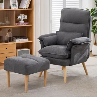 MODFU Relaxsessel mit Hocker,Loungesessel,Polstersessel mit 5-fach verstellbare Rückenlehne,Leinen,Grau - Grau
