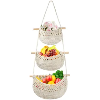 Dulynva Obstkorb Hängend 3 Stöckiger Hängekorb Küche, Handgewebte Hängekorb Obst, Hängender Wandtasche Organizer für Obst, Snack und Gemüse Aufbewahrung