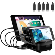 ORICO USB Ladestation 5 Port Schnellladestation für mehrere Geräte, Smart Charger Organizer mit 5 kurzen Ladekabeln, kompatibel mit Apple iPad iPhone Android (Inklusive 5 Ladekabel, Schwarz)