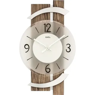 AMS 9545 Wanduhr Quarz analog modern Holz nussbaum farben mit Aluminium - Braun, Silber