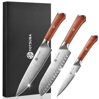 YOTSUBA Messerset 3-teilig, Japanisches Küchenmesser set Hochwertigem Carbon Edelstahl, Ultra Scharfes Messer Set mit Chefmesser Santokumesser Allzweckmesser