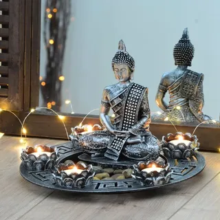 Buddha Dekoteller Silber mit Teelichthaltern und Deko-Steinen