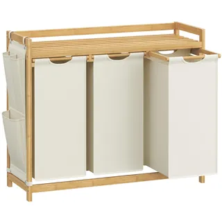 Songmics Wäschekorb 3 Fächer, Bambus, Wäschesammler 150 L, Wäschesortierer, mit Ablage, Wäschesack, kleine seitliche Taschen, Wäscheregal, 3 x 50 L, 94 x 33 x 78 cm, cremeweiß RLH115W01