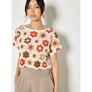 Apricot Stricktop "Hexagon Flowers Crochet Top" mit Häkeldetails, orange