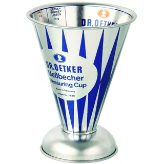 Dr. Oetker Messbecher Nostalgie, Messkanne aus Weißblech, trichterförmiger Messbecher mit vielfältiger Skalierung aus der Serie "Modern Baking - Retro Design" (Maße: Ø11x14,5 cm), Menge: 1 Stück, Silber