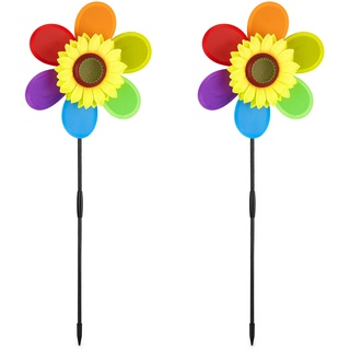 Relaxdays Windrad Blume, 2er Set, Deko Gartenstecker für Balkon, Terrasse & Garten, HBT 71 x 27 x 8 cm, Regenbogen, bunt