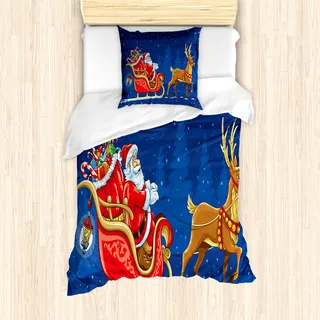 ABAKUHAUS Weihnachtsmann Mantele, Bewegen Sie Sich auf Schlitten in der Nacht, Milbensicher Allergiker geeignet mit Kissenbezügen, 135 cm x 200 cm - 80 x 80 cm, Marineblau Multicolor - Blau, Bunt