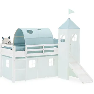 Homestyle4u Hochbett 90/200 cm in weiß Rutsche Bettvorhang Turm Tunnel Mint , Textil , 90x200 cm , Babymöbel & Kindermöbel, Kinderzimmer & Jugendzimmer, Kinderbetten, Hochbetten