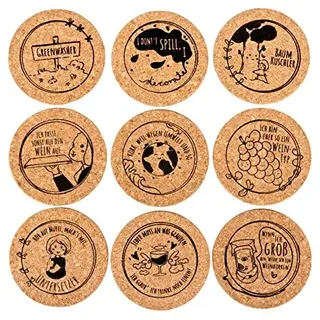 Untersetzer aus Kork mit lustigen Sprüchen | 9er-Set Bedruckte Glasuntersetzer 9 cm DM| Naturkork Unterlage für Biergläser, Weingläser, Tassen & Küche | Geschenkidee für WG, Party & Haushalt