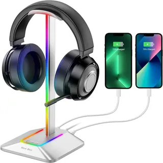 New Bee RGB Headset Halterung für alle Kopfhörer, 7 Leuchtmodi, Silber | Kopfhörerständer Universal mit USB Typ-C Ladegeräten und Datenübertragung Gaming Headset Ständer für alle Kopfhörer