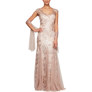 Alex Damen Long V Neck Fit and Flare Dress with Shawl (Petite Regular) Kleid für besondere Anlässe, Rose Gold, 40 Zierlich