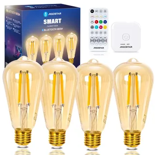 Aigostar Mesh - Smarte Glühbirne Alexa E27 Bluetooth Mesh ST64, Alexa Lampe Vintage Edison Lampe 6W 806LM 2700K-6500K Dimmbar Glühbirne, Kompatibel mit Alexa, 4 Stück(mit Fernbedienung und Gateway)