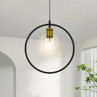 Moderne Pendelleuchte mit Klarglas Lampenschirm und Kreis Ring, E27 Hängelampe Sockel 1-Licht mit verstellbarer Schnur, Schwarz Retro Pendelleuchte Deckenleuchte Lampe für Schlafzimmer Küche Esszimmer