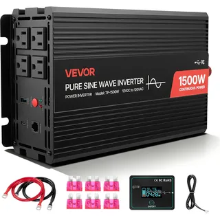 Vevor 1500-W-Wechselrichter, 12 V DC auf 230 V AC, Reiner Sinus-Wechselrichter, mit Fernbedienung, USB- & Typ-C-Anschlüsse, 2 AC-Steckdosen, Schnellladung für RV, LKW, Outdoor-Camping
