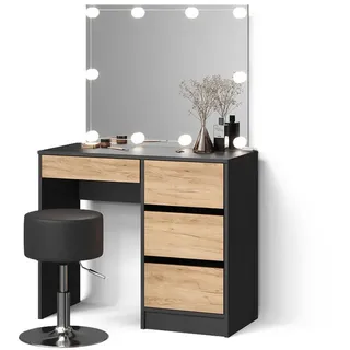 Livinity® Schminktisch Imola Anthrazit/Goldkraft Eiche mit LED Beleuchtung und Hocker , Anthrazit, Honigeiche , Holzwerkstoff , 4 Fächer , 4 Schubladen , Rechteckig , 90x75x40 cm , Schlafzimmer, Schminktische