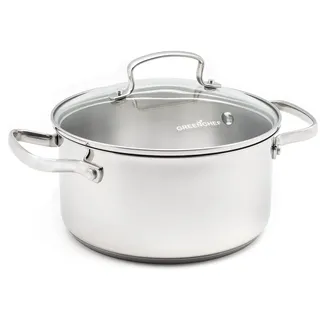 GreenChef Profile Plus Gesunde Keramik Antihaft-Edelstahlkasserolle 18 cm/2,1 Liter mit Deckel aus gehärtetem Glas, PFAS-frei, Induktion, Strapazierfähig, Backofenfest bis zu 200 ̊C, Silber