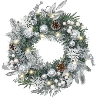 Valery Madelyn 18 Zoll/46 cm Weihnachtskranz für Haustür Türkranz mit Weihnachtskugeln und Tannenzapfen, Weihnachtsriff mit 15 LED-Lichtern und Timer-Funktion für Weihnachtsdeko Silber Weiß