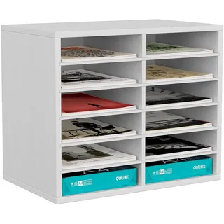 EasyPAG 12 Fächer Holz A4 Büro Schreibtisch Organizer Dokumentenhalter Aktenablage Zeitschriftenhalter Briefablage Papier Magazin Organisator,Weiß