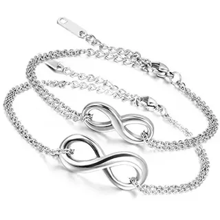 Flongo Unendlichkeit Armband EIN Paar Verstellbar Freundschaftsarmband Partner Armband Edelstahl Armbänder Fußkettchen bedeuten endlose Freundschaft Silber BFF Armbänder Damen