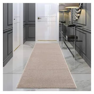 Carpet City Teppich Läufer Flur - Einfarbig, Beige - 80x150 cm - Flachflor-Teppiche Schlafzimmer - Hochtief-Effekt/ 3D-Optik - Streifen-Muster - Läufer-Teppich Uni - Flurläufer Kurzflor, Wohnzimmerläufer, Brücke