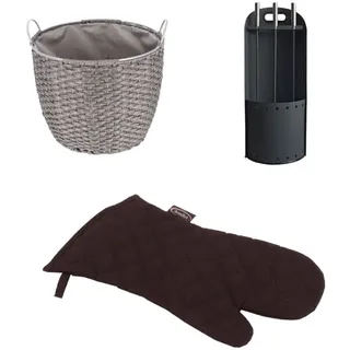 Kamin-Set: Holzkorb, Besteck & Handschuh | Rattan Grau | 57 L