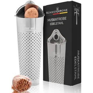 Schwertkrone® Muskatnuss Reibe 11cm [EDELSTAHL] - Hochwertige Muskatreibe mit Aufbewahrung - Muskat Küchenreibe Edelstahl - Reibe für Muskatnuss, Zitronenschalen & Co. - Muskatnussreibe mit Behälter