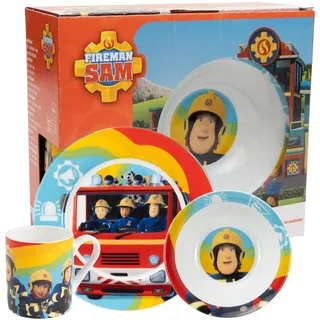United Labels Feuerwehrmann Sam 3-teiliges Geschirrset für Kinder, Rainbow, Frühstücksset aus Porzellan mit Teller Ø 19 cm, Tasse 220 ml und Schale 330 ml, Kindergeschirr