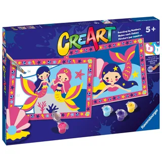Ravensburger CreArt 5 Years Junior: Magische Meerjungfrauen — Malen mit Zahlen für Kinder ab 5 Jahren, Malset mit 2 Brettern, ergonomischem Pinsel und Farben, 32x22 cm, Geschenkideen