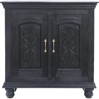 Marrakesch Vintage Kommode mit Türen schwarz aus Holz 90cm | Skandinavische Deko kleines Sideboard Komode Serena handgeschnitzt für stilvolle Aufbewahrung & Deko im Wohnzimmer & Schlafzimmer - Schwarz