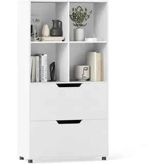 FANTASK Bücherregal Würfelregal, Holz Bücherschrank mit 4 Fächern sowie 2 Schubladen, 5-stufiges offenes Aufbewahrungsregal für Wohnzimmer Büro, Weiß