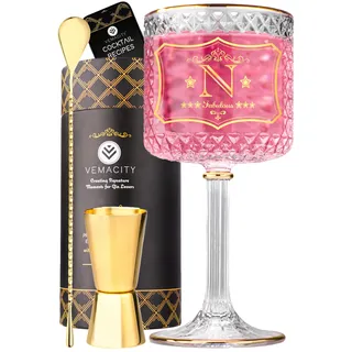 Vemacity Gin-Gläser-Set Personalisiert – Gin-Glas mit Gravur (N) | 3 Goldränder, Cocktail-Löffel & Jigger | Geschenkbox | Luxuriös Gewichtet | Ideal für Weihnachten und Neujahr