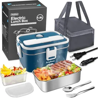Anykuu 100W Elektrische Lunchbox 1,8L 3-in-1 12V/24V/220V Beheizte Lunchbox Tragbare für Auto/LKW/Büro/Haus Elektrische Essensbox mit Gabel & Löffel